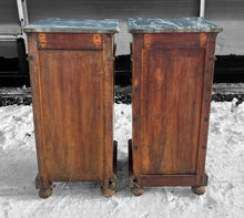 Load image into Gallery viewer, ANTIQUE 19TH CENTURY FRENCH PAIR OF ORNATE CARVED OAK &amp; MARBLE TOPPED BEDSIDE TABLES, c1900
