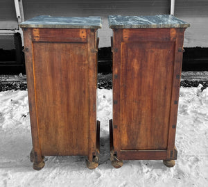 ANTIQUE 19TH CENTURY FRENCH PAIR OF ORNATE CARVED OAK & MARBLE TOPPED BEDSIDE TABLES, c1900