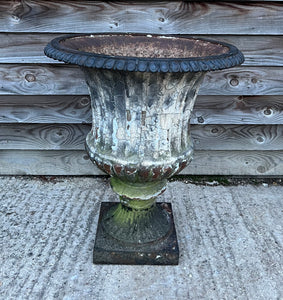 LARGE ANTIQUE 19TH CENTURY FRENCH ORNATE ORIGINAL PAINTED PATINA CAST IRON URN, C1900