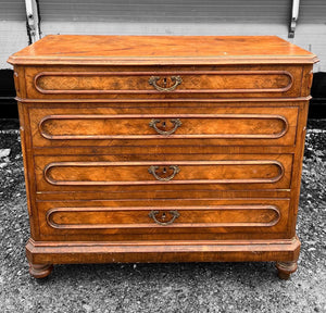 ANTIQUE 19th CENTURY FRENCH BURR WALNUT CHEST OF DRAWERS, c1900