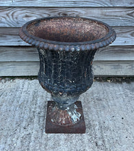 Load image into Gallery viewer, ANTIQUE LARGE 19TH CENTURY FRENCH ORNATE ORIGINAL PAINTED PATINA CAST IRON URN, C1900
