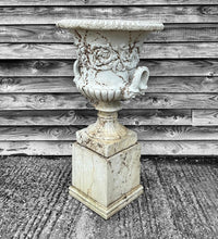 Load image into Gallery viewer, ANTIQUE LARGE 20TH CENTURY FRENCH ORNATE TWIN HANDLED STONE URN ON PEDESTAL BASE, C1920
