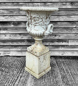 ANTIQUE LARGE 20TH CENTURY FRENCH ORNATE TWIN HANDLED STONE URN ON PEDESTAL BASE, C1920