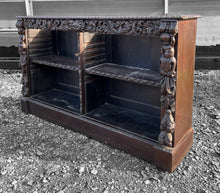 Load image into Gallery viewer, LARGE ANTIQUE 19TH CENTURY FRENCH EBONISED ORNATE CARVED OAK OPEN BOOKCASE, C1880
