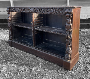 LARGE ANTIQUE 19TH CENTURY FRENCH EBONISED ORNATE CARVED OAK OPEN BOOKCASE, C1880