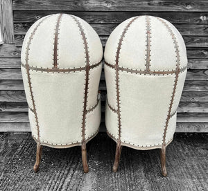 20th CENTURY PAIR OF FRENCH STYLE LIMED OAK & UPHOLSTERED CANOPY CHAIRS