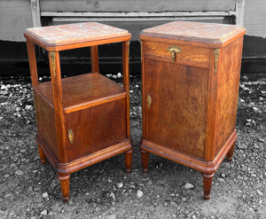 ANTIQUE 19TH CENTURY FRENCH PAIR OF MAHOGANY ORMOLU MOUNTED & MARBLE TOPPED BEDSIDE TABLES, c1900