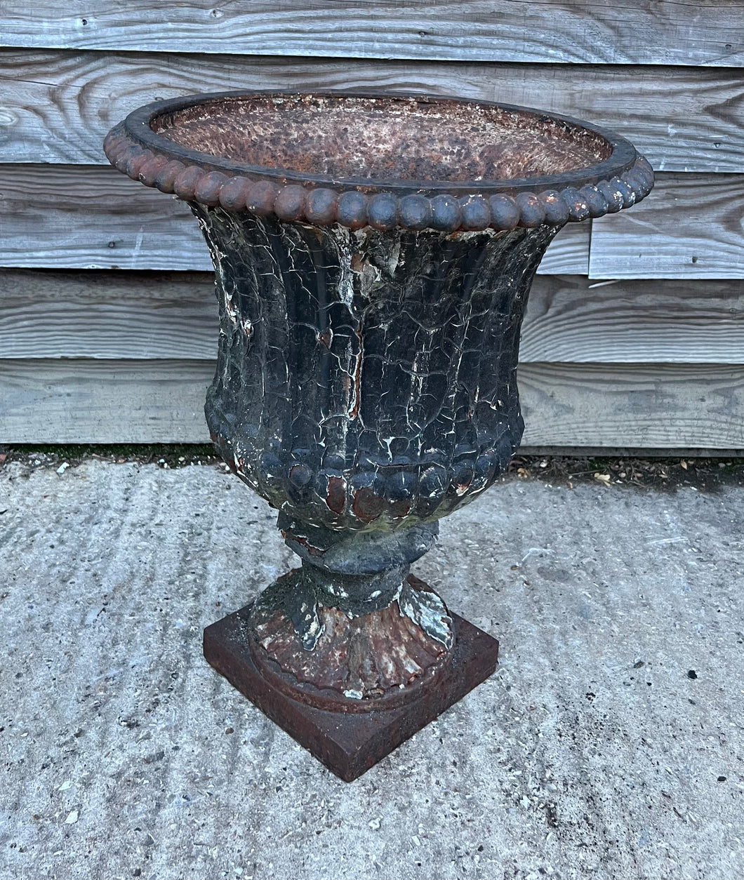 ANTIQUE LARGE 19TH CENTURY FRENCH ORNATE ORIGINAL PAINTED PATINA CAST IRON URN, C1900