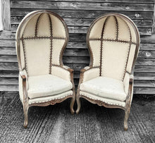 Load image into Gallery viewer, 20th CENTURY PAIR OF FRENCH STYLE LIMED OAK &amp; UPHOLSTERED CANOPY CHAIRS
