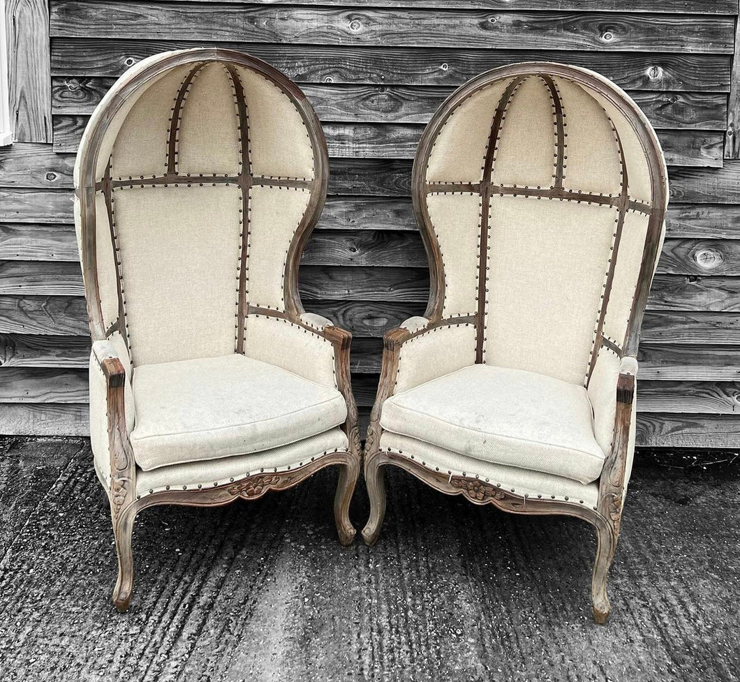 20th CENTURY PAIR OF FRENCH STYLE LIMED OAK & UPHOLSTERED CANOPY CHAIRS
