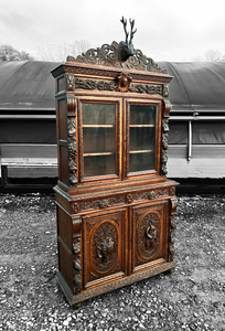 ANTIQUE 19th CENTURY FRENCH ORNATE CARVED OAK & GLAZED DRESSER, c1900