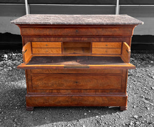 ANTIQUE 19TH CENTURY FRENCH  FLAMED MAHOGANY & MARBLE TOPPED COMMODE, c1900