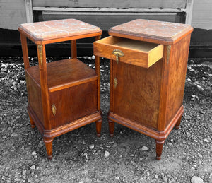 ANTIQUE 19TH CENTURY FRENCH PAIR OF MAHOGANY ORMOLU MOUNTED & MARBLE TOPPED BEDSIDE TABLES, c1900