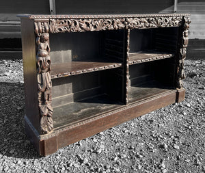 LARGE ANTIQUE 19TH CENTURY FRENCH EBONISED ORNATE CARVED OAK OPEN BOOKCASE, C1880