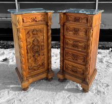 Load image into Gallery viewer, ANTIQUE 19TH CENTURY FRENCH PAIR OF ORNATE CARVED OAK &amp; MARBLE TOPPED BEDSIDE TABLES, c1900
