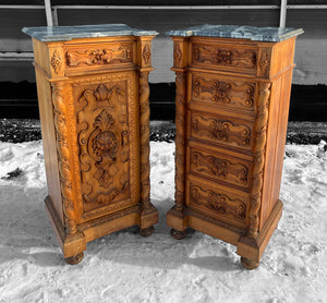 ANTIQUE 19TH CENTURY FRENCH PAIR OF ORNATE CARVED OAK & MARBLE TOPPED BEDSIDE TABLES, c1900