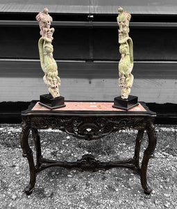 20TH CENTURY FRENCH ORNATE BLACK PAINTED & MARBLE TOPPED CONSOLE TABLE, C1940