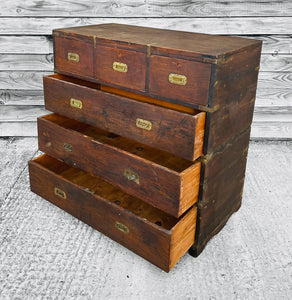 ANTIQUE 19TH CENTURY ANGLO INDIAN MAHOGANY MILITARY CAMPAIGN CHEST OF DRAWERS, C1900