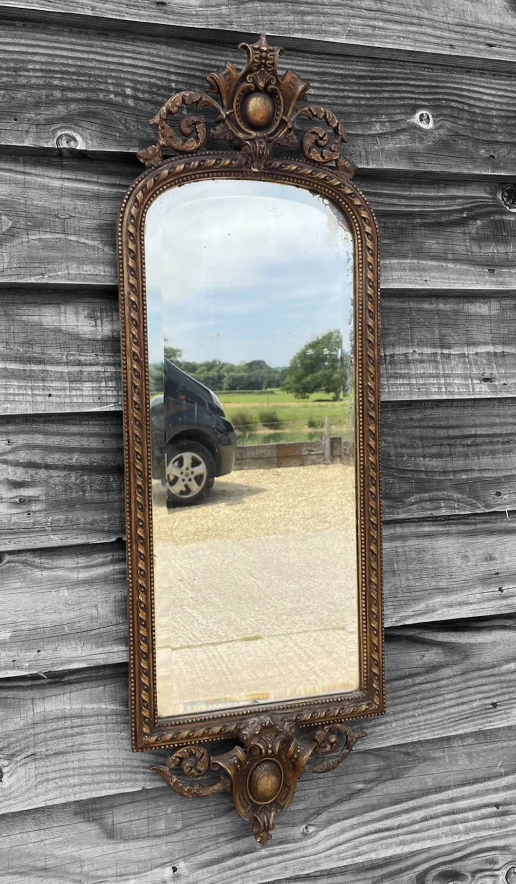 ANTIQUE 19TH CENTURY FRENCH ORNATE GILTWOOD WALL MIRROR, C1900
