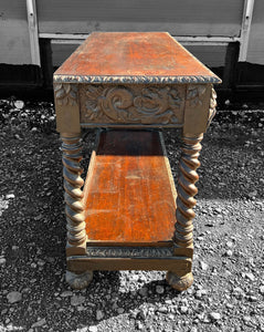 ANTIQUE 19TH CENTURY FRENCH ORNATE CARVED OAK GREEN MAN HALL TABLE, C1900