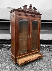 ANTIQUE 19th CENTURY FRENCH ORNATE OAK DOUBLE ARMOIRE / VITRINE, c1900