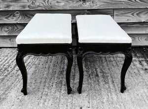 ANTIQUE 19TH CENTURY FRENCH PAIR OF BLACK ORNATE PAINTED & UPHOLSTERED FOOT STOOLS, C1900