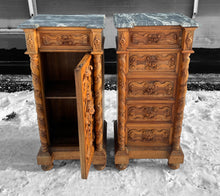 Load image into Gallery viewer, ANTIQUE 19TH CENTURY FRENCH PAIR OF ORNATE CARVED OAK &amp; MARBLE TOPPED BEDSIDE TABLES, c1900
