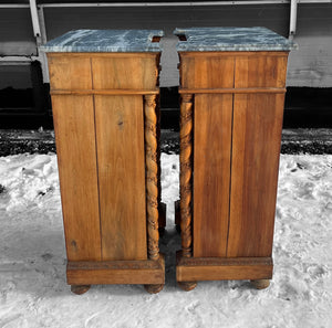 ANTIQUE 19TH CENTURY FRENCH PAIR OF ORNATE CARVED OAK & MARBLE TOPPED BEDSIDE TABLES, c1900