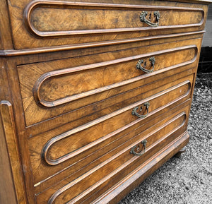 ANTIQUE 19th CENTURY FRENCH BURR WALNUT CHEST OF DRAWERS, c1900