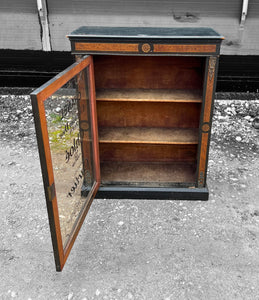 ANTIQUE 19th CENTURY FRENCH EBONISED & INLAID GLAZED DISPLAY CABINET, c1900