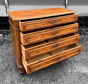 ANTIQUE 19th CENTURY FRENCH BURR WALNUT CHEST OF DRAWERS, c1900