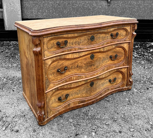 ANTIQUE 19th CENTURY FRENCH ORNATE BURR WALNUT CHEST OF DRAWERS, c1900