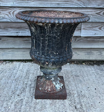 Load image into Gallery viewer, ANTIQUE LARGE 19TH CENTURY FRENCH ORNATE ORIGINAL PAINTED PATINA CAST IRON URN, C1900
