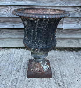 ANTIQUE LARGE 19TH CENTURY FRENCH ORNATE ORIGINAL PAINTED PATINA CAST IRON URN, C1900