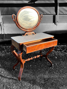 ANTIQUE 19th CENTURY FRENCH ORNATE FLAMED MAHOGANY & MARBLE TOPPED DRESSING TABLE, c1900