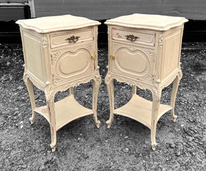 ANTIQUE 19th CENTURY FRENCH PAIR OF ORNATE PAINTED BEDSIDE TABLES, c1900