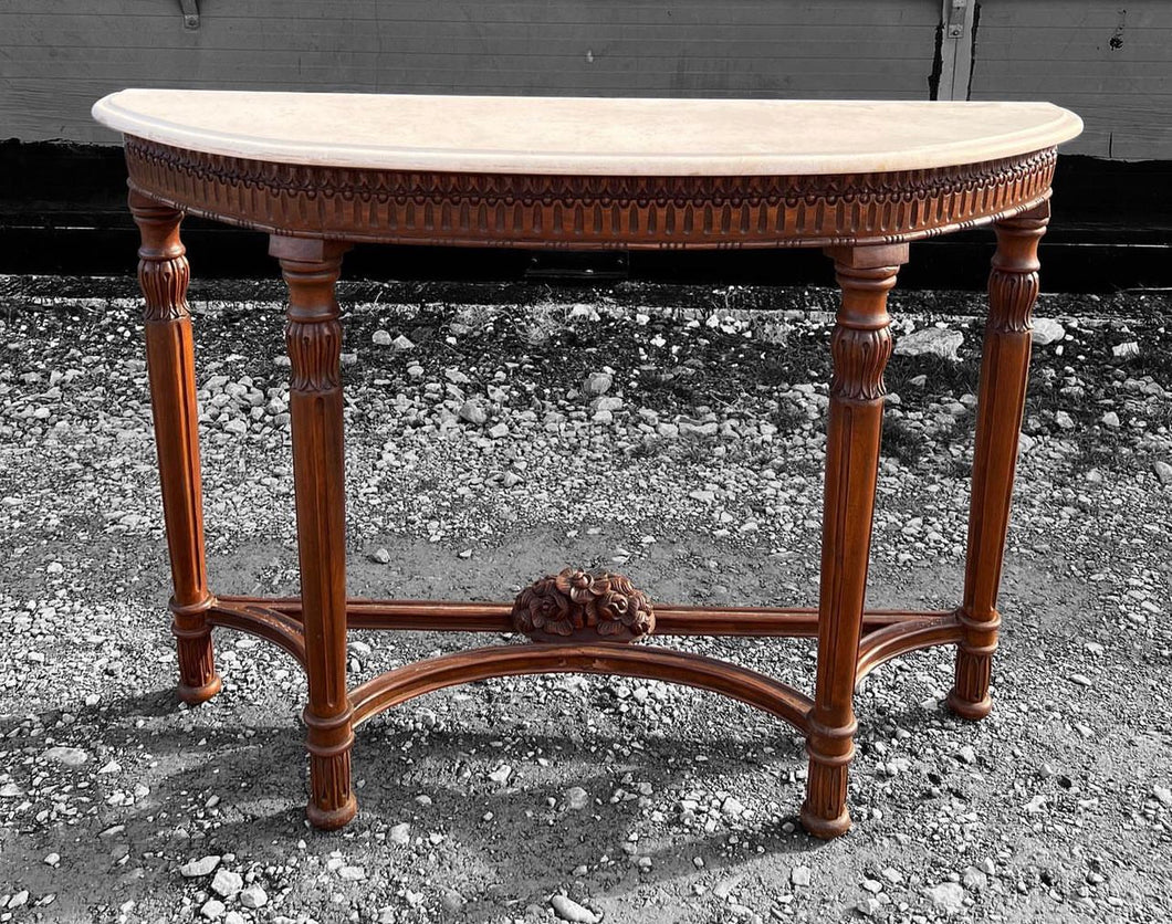 ANTIQUE 20th CENTURY FRENCH ORNATE OAK & MARBLE TOPPED CONSOLE TABLE, c1920