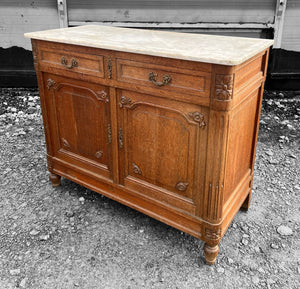 ANTIQUE 19th CENTURY FRENCH ORNATE OAK & MARBLE TOPPED CUPBOARD, c1900