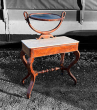 Load image into Gallery viewer, ANTIQUE 19th CENTURY FRENCH ORNATE FLAMED MAHOGANY &amp; MARBLE TOPPED DRESSING TABLE, c1900
