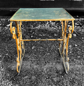 ANTIQUE 20th CENTURY FRENCH ORNATE CAST METAL &  GLASS TOPPED SIDE TABLE, c1920