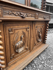 ANTIQUE 19th CENTURY FRENCH ORNATE CARVED OAK & GLAZED DRESSER, c1900