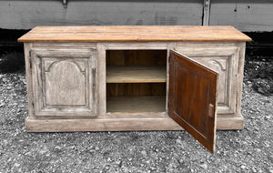 EARLY 20th CENTURY FRENCH ORNATE ORIGINAL PAINTED OAK 3 DOOR SIDEBOARD, c1930