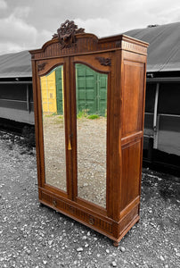 ANTIQUE 19TH CENTURY FRENCH ORNATE OAK DOUBLE WARDROBE ARMOIRE, C1900