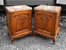 Load image into Gallery viewer, ANTIQUE 20th CENTURY FRENCH PAIR OF ORNATE OAK &amp; MARBLE TOPPED BEDSIDE TABLES, c1920
