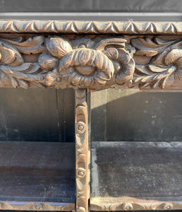 LARGE ANTIQUE 19TH CENTURY FRENCH EBONISED ORNATE CARVED OAK OPEN BOOKCASE, C1880