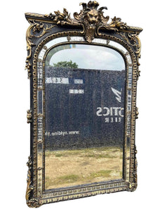 ANTIQUE 19TH CENTURY FRENCH ORNATE BLACK & GILT OVERMANTLE WALL MIRROR, C1900