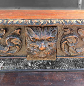 ANTIQUE 19TH CENTURY FRENCH ORNATE CARVED OAK GREEN MAN HALL TABLE, C1900