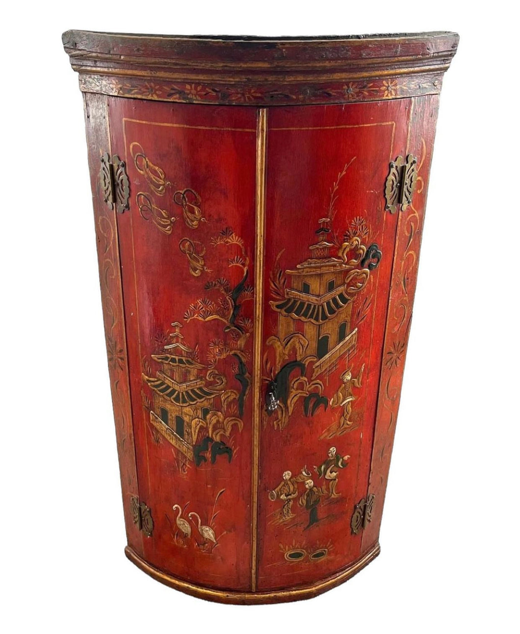 ANTIQUE 19TH CENTURY RED LACQUERED CHINOISERIE EMBOSSED CORNER CUPBOARD, C1900