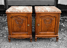 Load image into Gallery viewer, ANTIQUE 20th CENTURY FRENCH PAIR OF ORNATE OAK &amp; MARBLE TOPPED BEDSIDE TABLES, c1920
