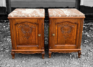 ANTIQUE 20th CENTURY FRENCH PAIR OF ORNATE OAK & MARBLE TOPPED BEDSIDE TABLES, c1920